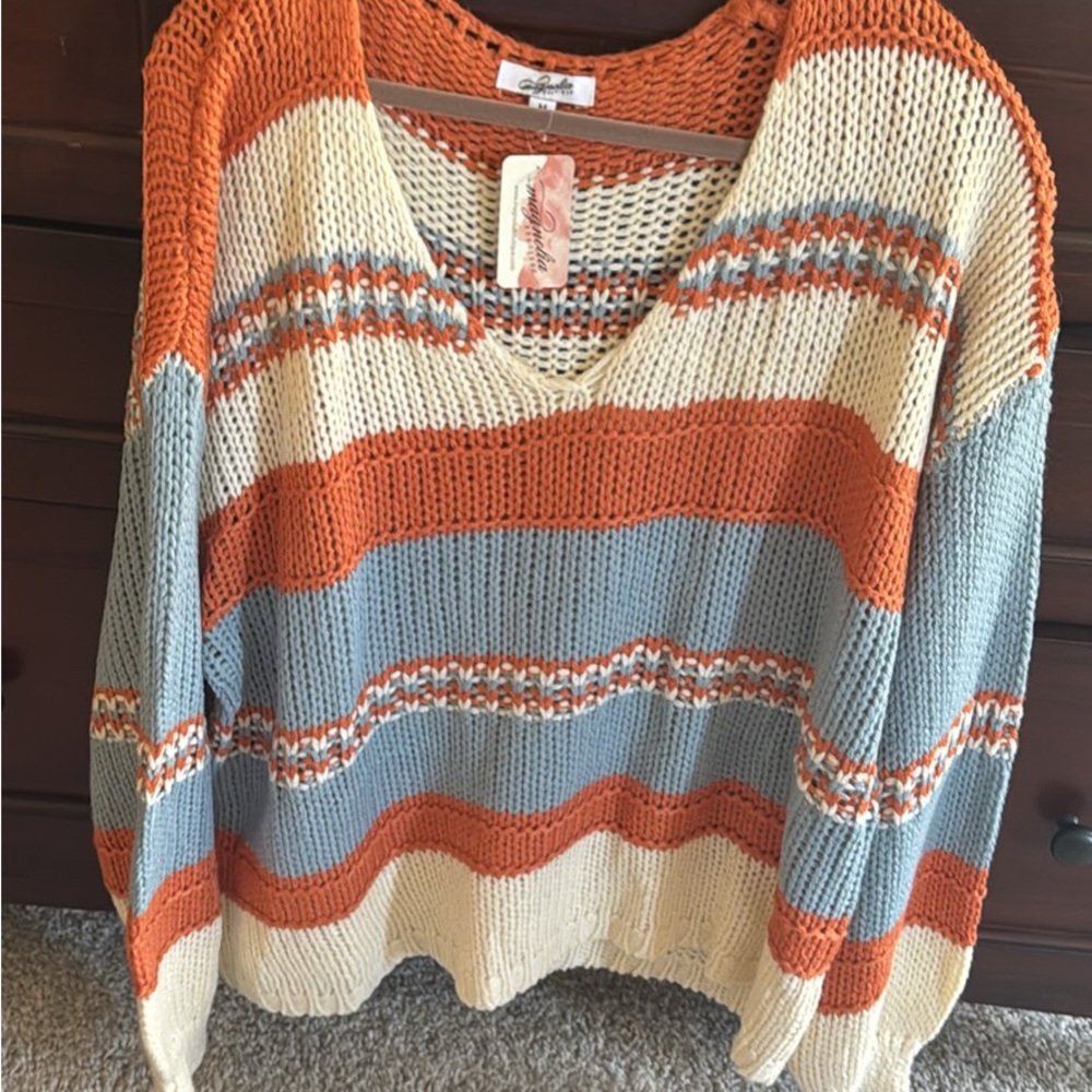 Cozy V-Neck Sweater in Orange, Blue, and Cream- NEW WITH TAGS